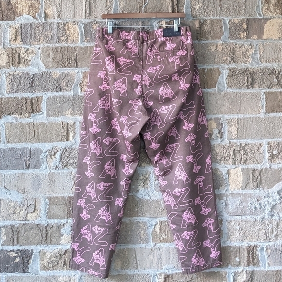 Lazy Oaf Spellout Mushroom People Taper Leg Pants Brown Pink Size US 8 - Picture 3 of 10